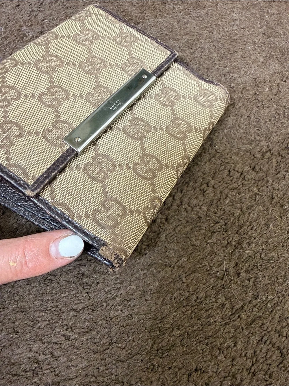 Authentic Gucci Brown & Beige GG Canvas Bifold Wallet with Metal Plate